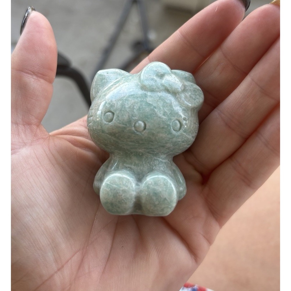 Amazonite Hello Kitty Style Carved Crystal Cat Figurine Green Stone